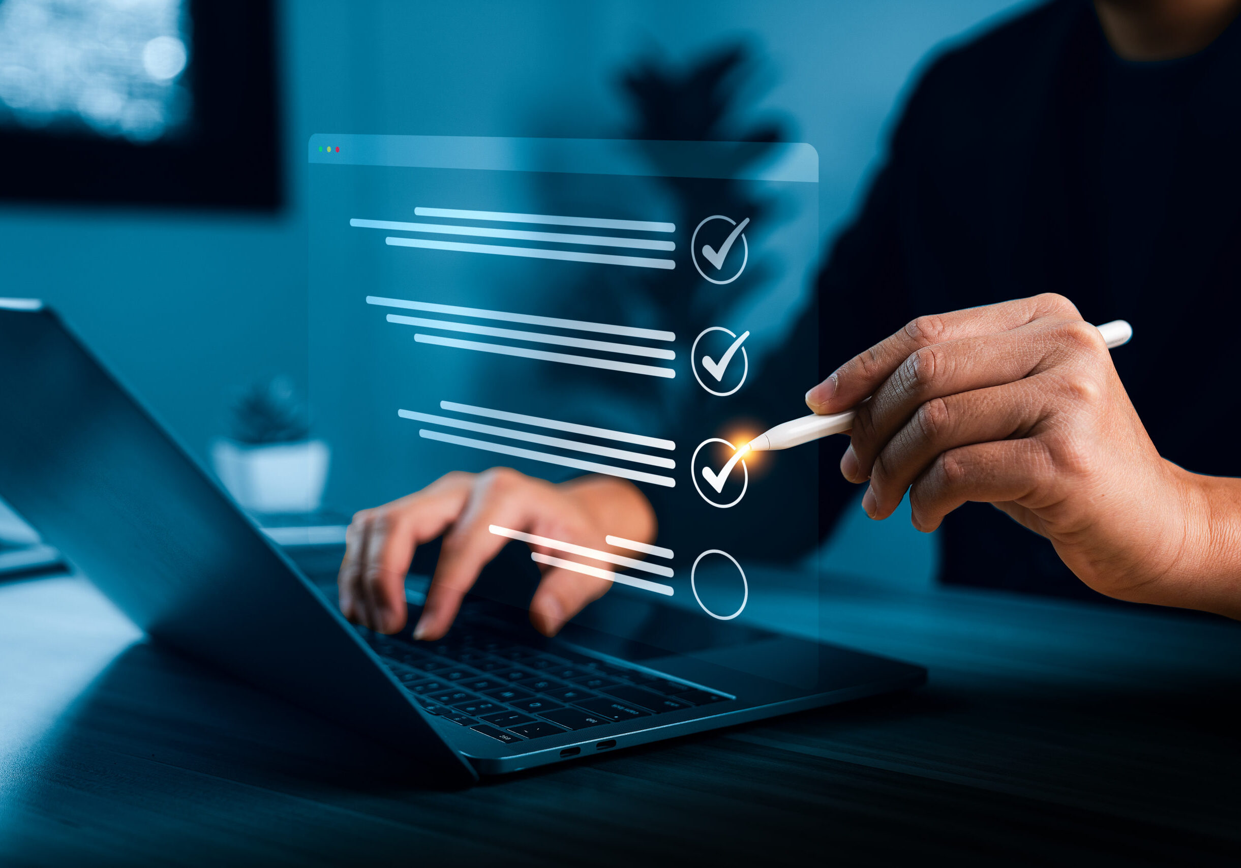 Digital checklist verification on virtual interface as professional reviews tasks on laptop, confirming workflow accuracy, quality control, compliance and approval process for business operations
